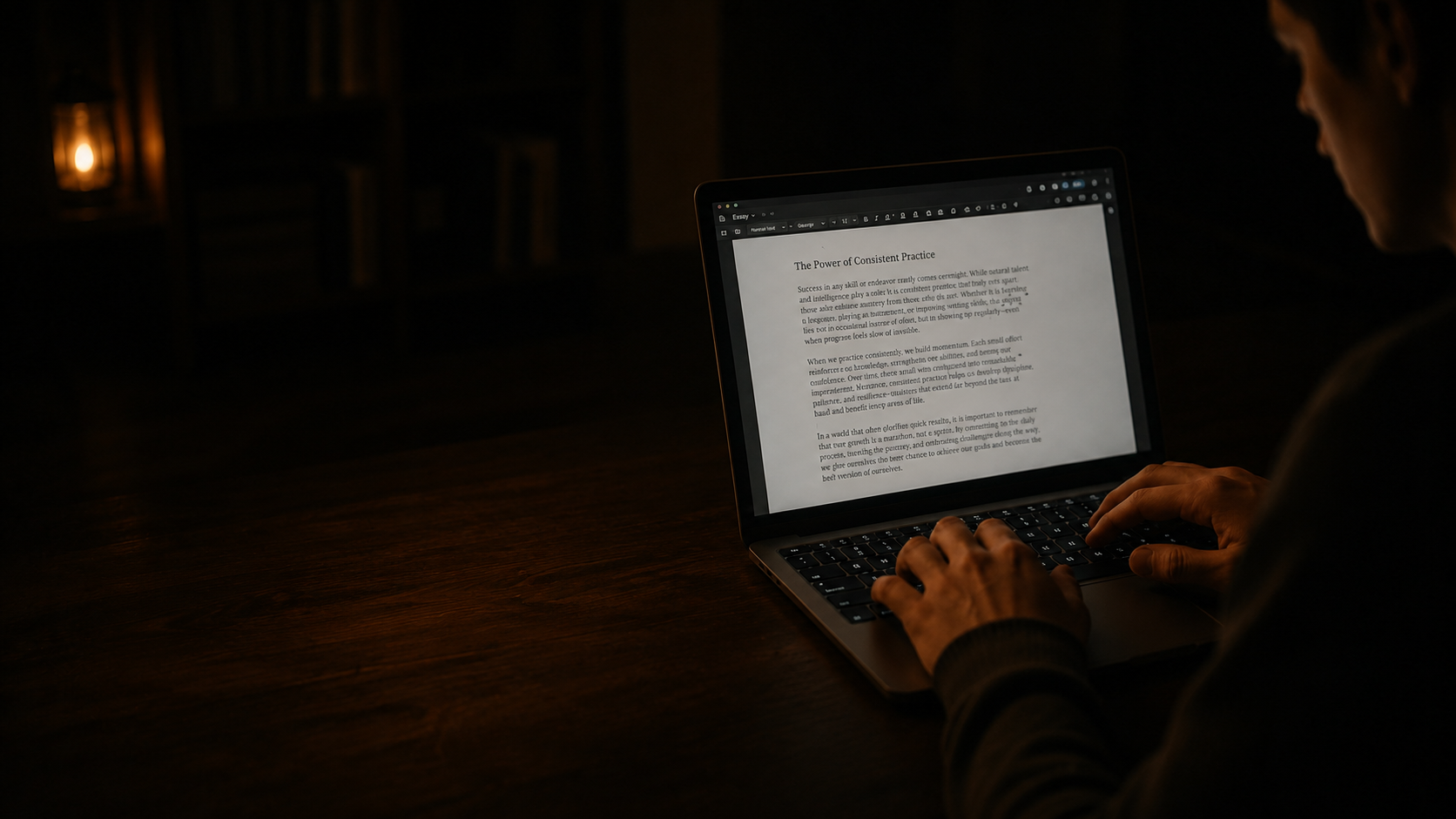 Person typing on MacBook laptop keyboard in dark room
